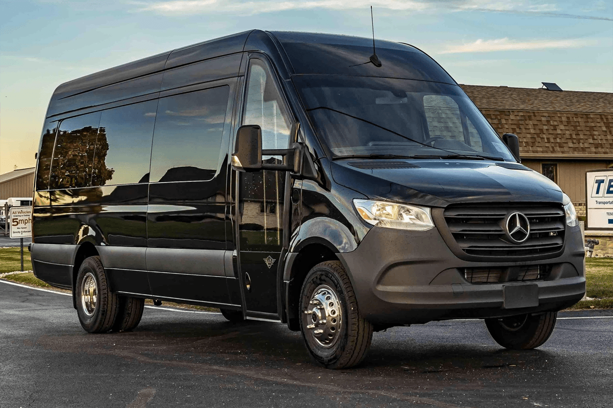 An Executive Sprinter Van arriving at Chicago O'Hare International Airport for a group luggage and passenger drop-off.