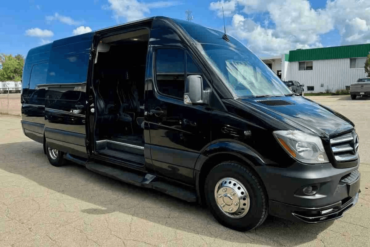 A sleek Executive Sprinter Van waiting outside a restaurant, providing hourly transportation for a group event.