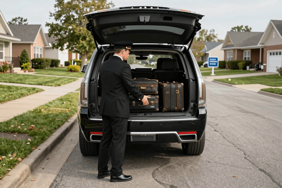 A professional chauffeur loading suitcases into a Cadillac Escalade during a comfortable Midway Airport limo service pickup in the southwest suburbs.