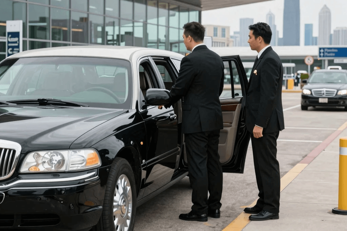 A sharply dressed chauffeur opening the door for a client, delivering exceptional Midway Airport limo service for Chicago Luxury Limo Service.