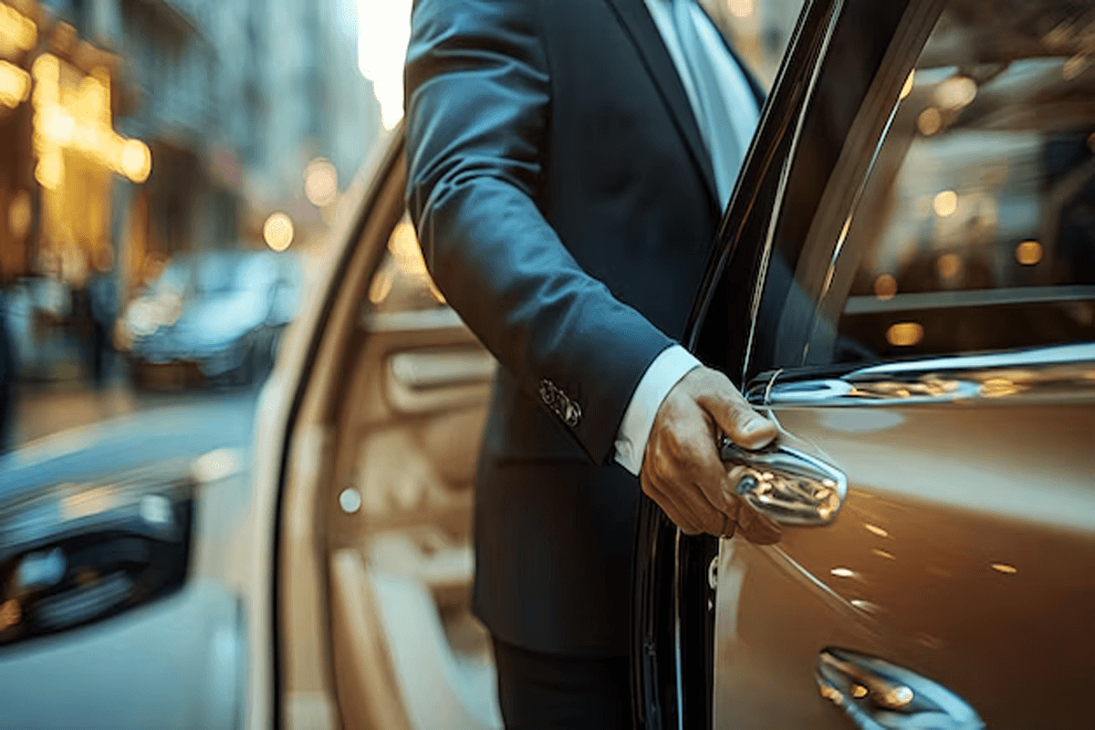 A sharply dressed chauffeur opening the door of an ultra-luxury vehicle for a couple arriving at a formal gala in downtown Chicago.