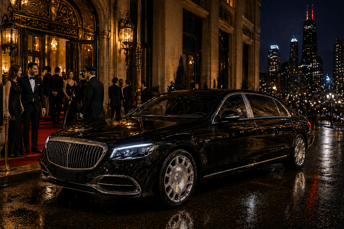 A sleek black mercedes-maybach s-class arriving at a formal gala, providing a sophisticated grand entrance for a special event in chicago.