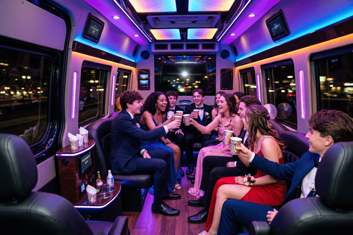 An interior view of an Executive Sprinter Van equipped with mood lighting, ideal for safe and fun special events transportation for prom groups.