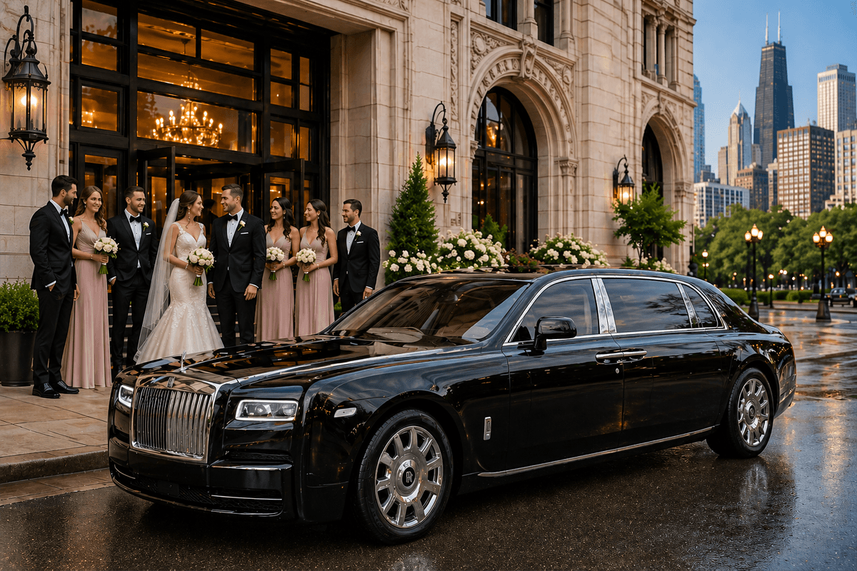 A pristine black rolls-royce phantom parked outside a beautiful wedding venue, representing ultra-luxury special events transportation by chicago luxury limo service.