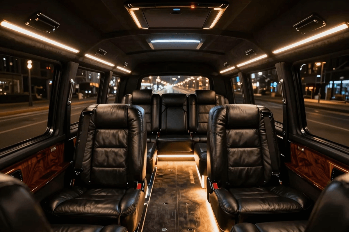 The luxurious cabin of an Extended Lincoln MKT Stretch Limousine, featuring premium leather seating and custom mood lighting for a comfortable group ride in Chicago.