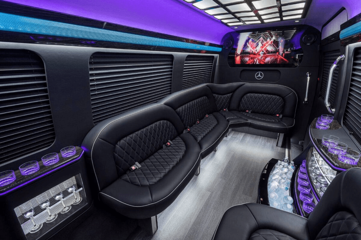 Luxury sprinter van interior for group airport transportation and executive travel