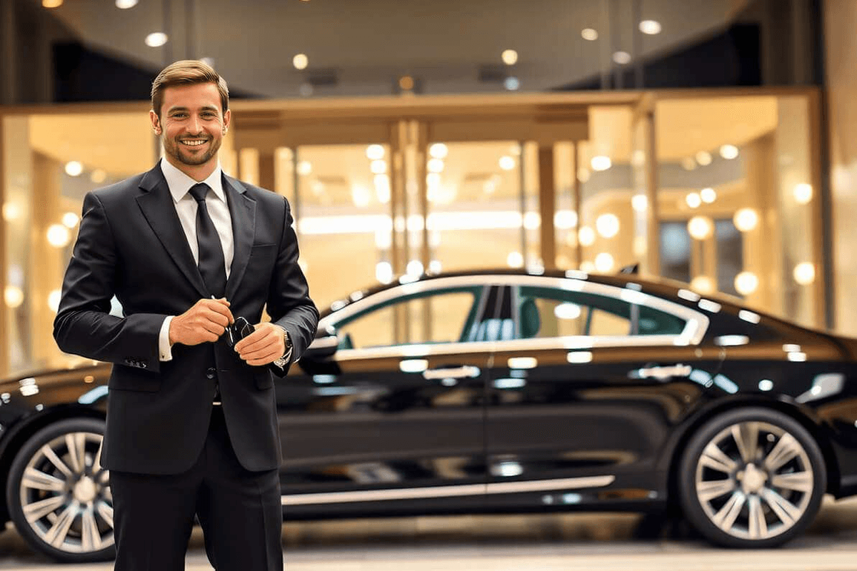 Uniformed chauffeur delivering Frankfort Limo Service to a corporate client