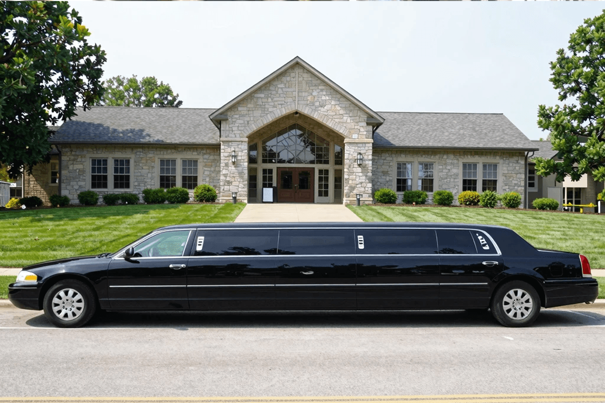 Lemont Limo Service stretch limousine outside an elegant Lemont wedding venue