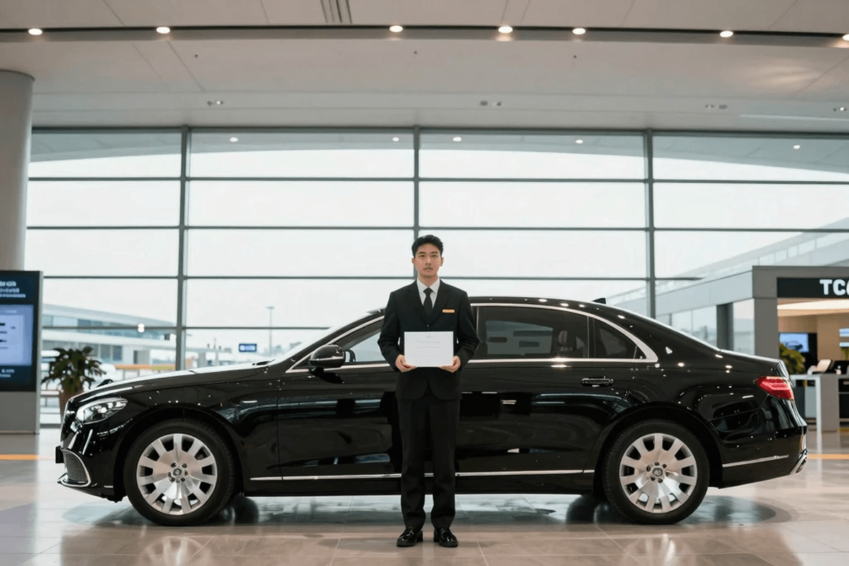 Lemont Limo Service professional chauffeur holding name sign at O'Hare Airport terminal