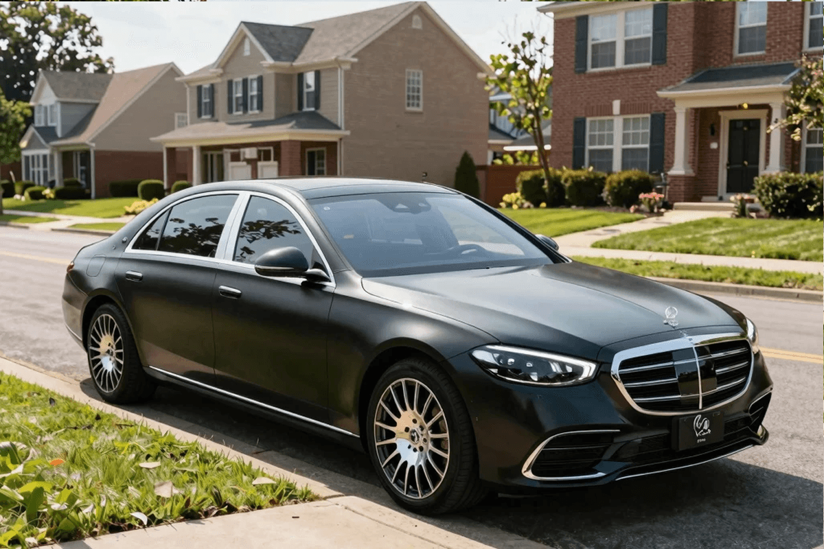 New Lenox Limo Service Mercedes-Benz S-Class S 580 luxury sedan in upscale New Lenox neighborhood