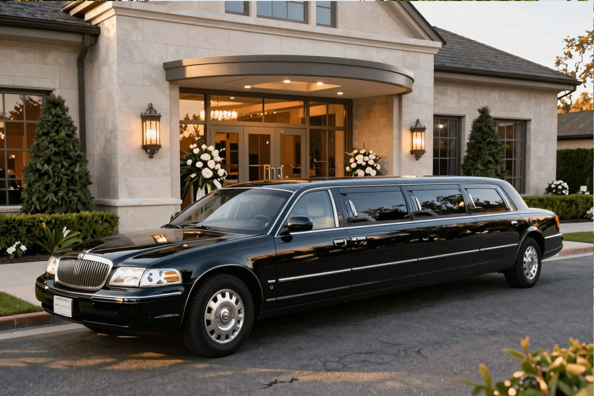New Lenox Limo Service stretch limousine outside an elegant New Lenox Illinois wedding venue
