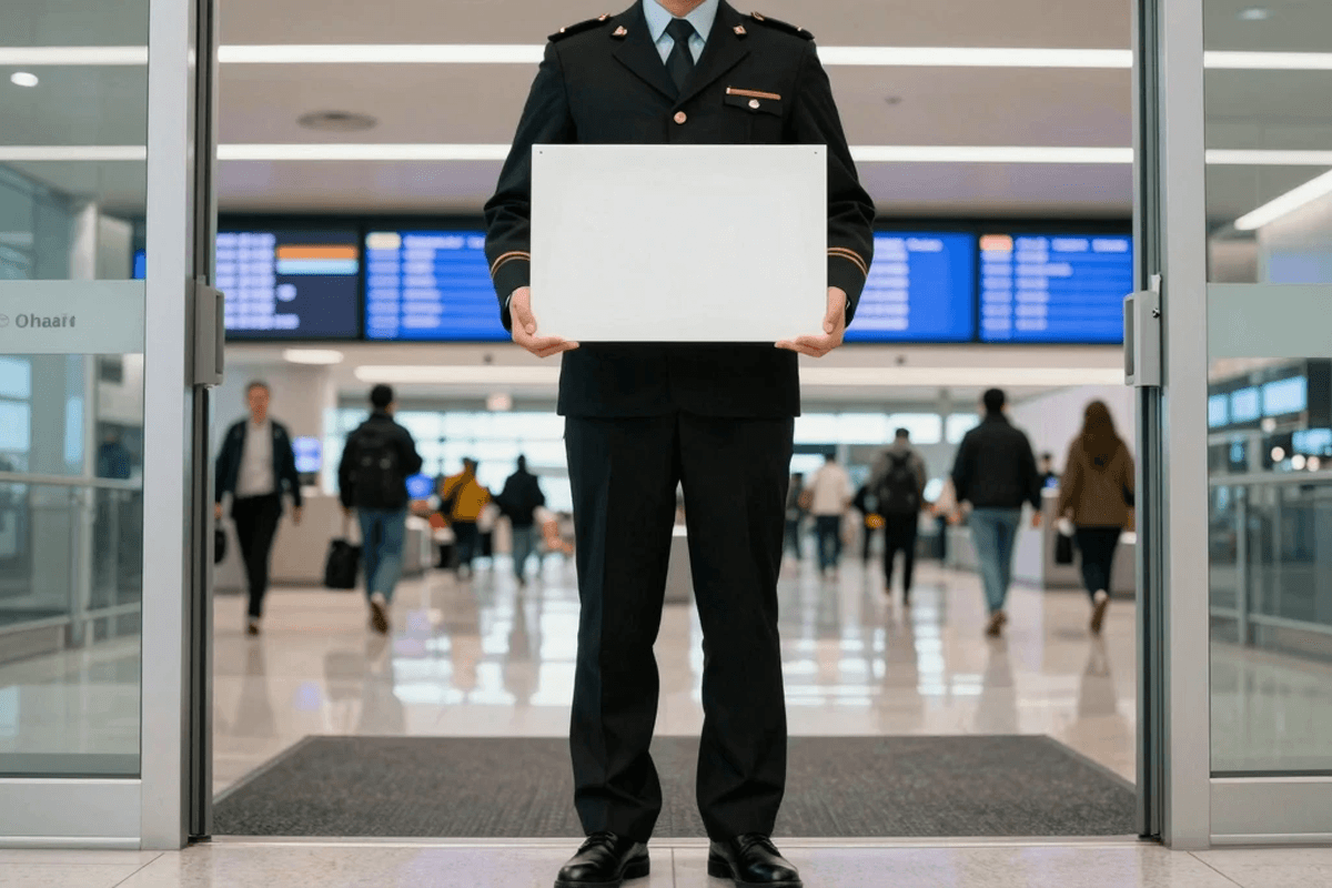 New Lenox Limo Service professional chauffeur holding name sign at O'Hare Airport terminal
