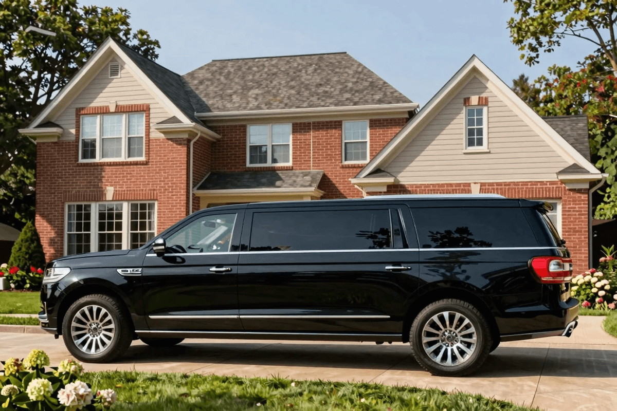 New Lenox to O'Hare Limo luxury vehicle staged outside New Lenox Illinois residence