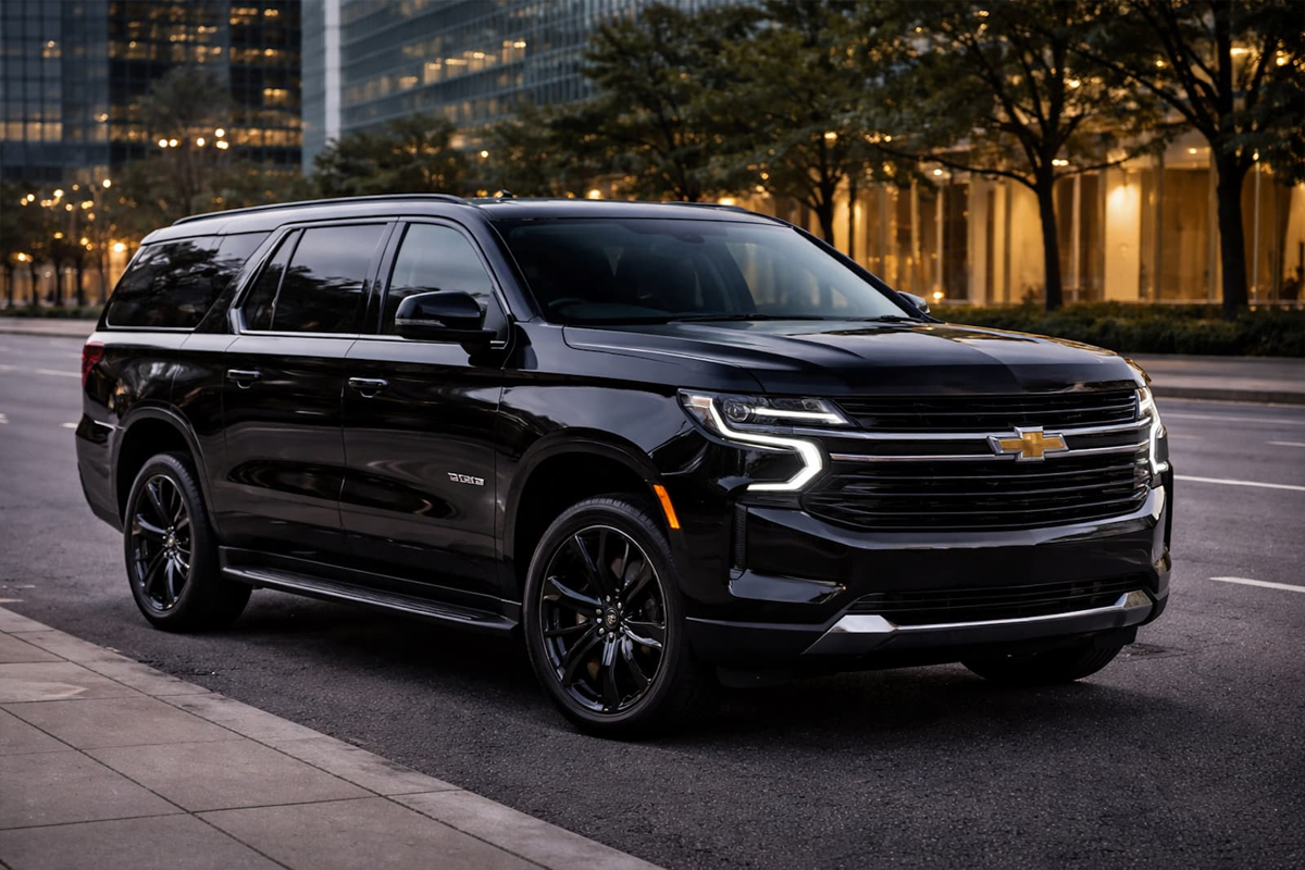 Chicago Limo Service Cities luxury black SUV chauffeur arriving for suburban airport transportation service across Chicago areas
