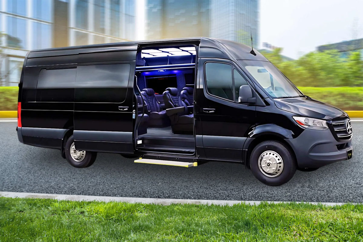 High-roof Mercedes Sprinter van providing group travel via Frankfort IL Limo Service.