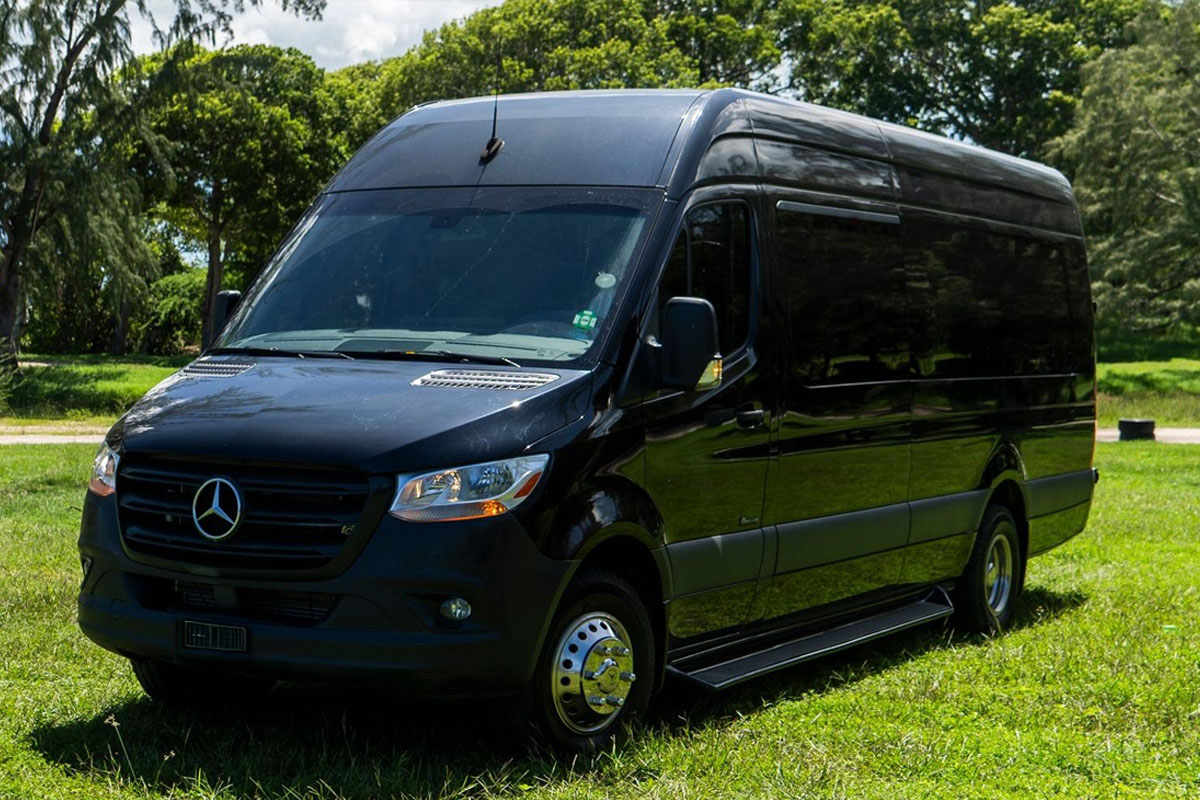 High-roof Mercedes Sprinter van providing group travel via Oak Lawn Limo Service.